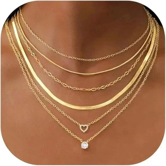 iF YOU 6 Pcs Gold Chokers Necklace Set for Women, 14k Gold Plated CZ Pendant - Picture 1 of 5